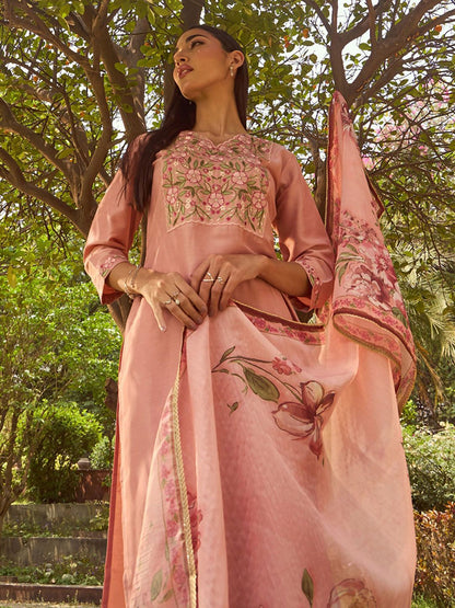 Indyancart IE Floral Yoke Design Regular Thread Work Kurta with Trousers & Dupatta