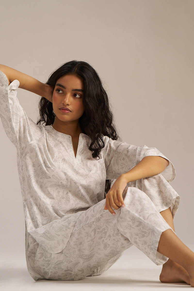 Women's White and Grey Pure Cotton Loungewear