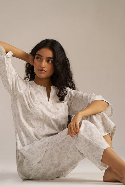 Women's White and Grey Pure Cotton Loungewear