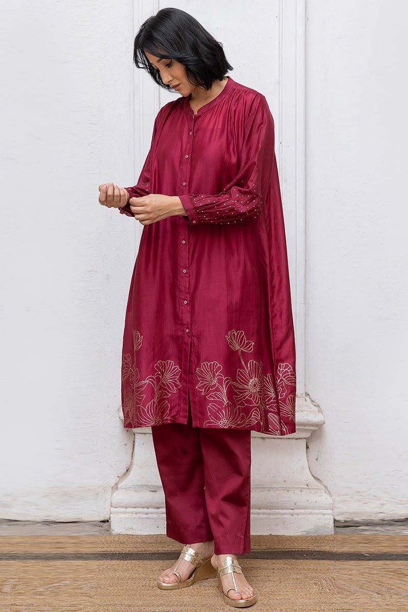 Women's Wine Gold Foil Print Bemberg Silk Festive Co-ord Set