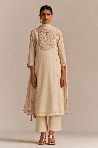 Indyancart GF Women's Buttercream Embroidered Kurta Set