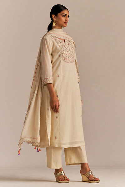 Indyancart GF Women's Buttercream Embroidered Kurta Set