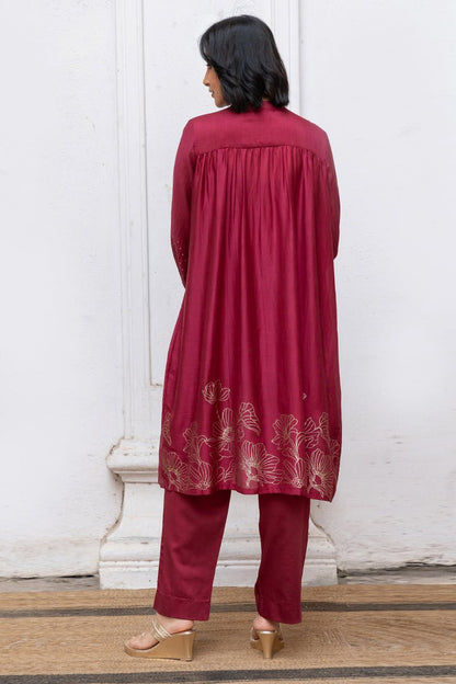 Women's Wine Gold Foil Print Bemberg Silk Festive Co-ord Set