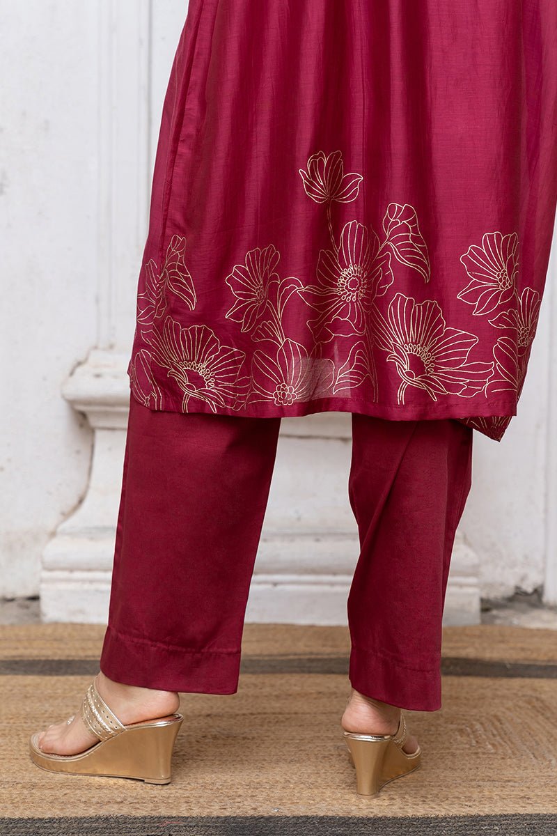 Women's Wine Gold Foil Print Bemberg Silk Festive Co-ord Set