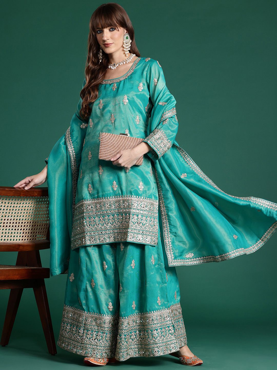 Ethnic Motifs Embroidered Sequinned Kurta with Palazzos & Dupatta