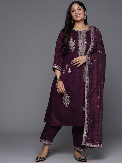 Indyancart IE Plus Size Ethnic Motifs Embroidered Sequinned Kurta with Trousers & Dupatta
