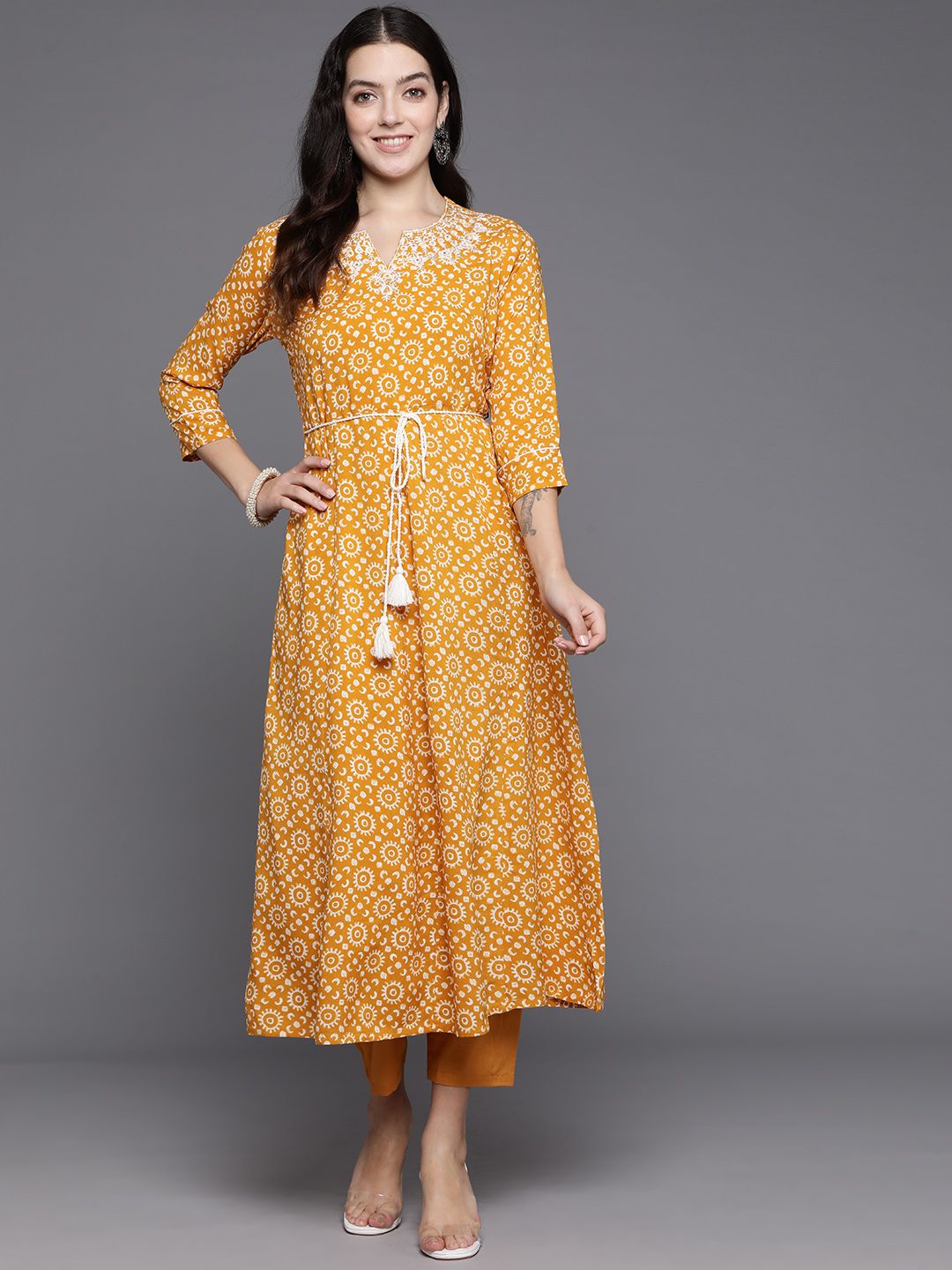 Indyancart IE Women Ethnic Motifs Printed Thread Work A-Line Kurta