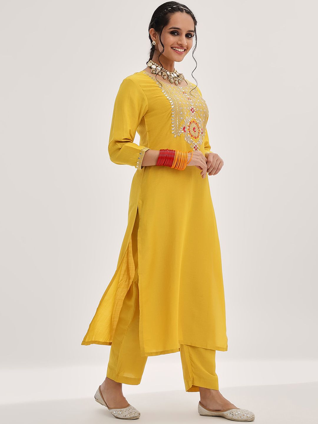 Indyancart VA Women'sYellow Yoke Design Ethnic Motifs Straight Kurta & Trousers With Dupatta
