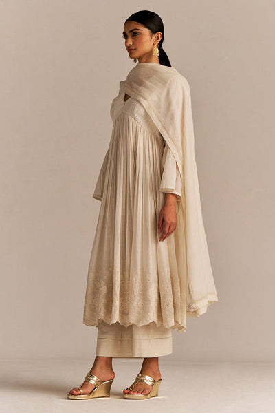 Indyancart GF Women's Off-White Mul-Mul Anarkali Kurta Set