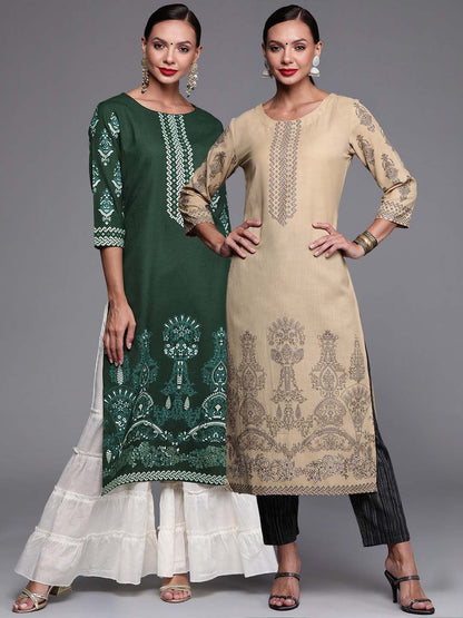 Indyancart IE Pack of 2 Ethnic Motifs Foil Print Straight Kurta