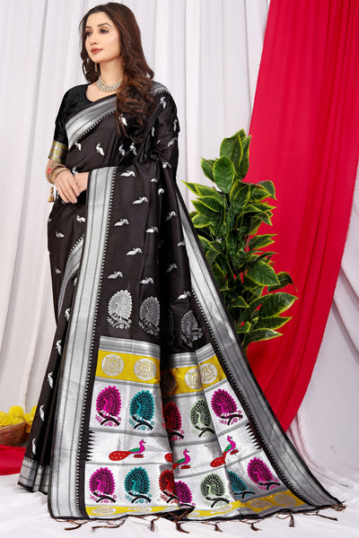 Indyancart GR Women's Chandramukhi Black Zari Paithani Silk Saree