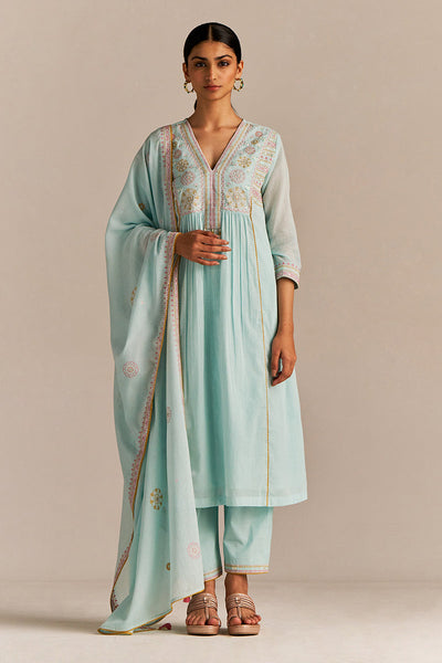 Indyancart GF Women's Fair Aqua Mul-Mul Kurta Set