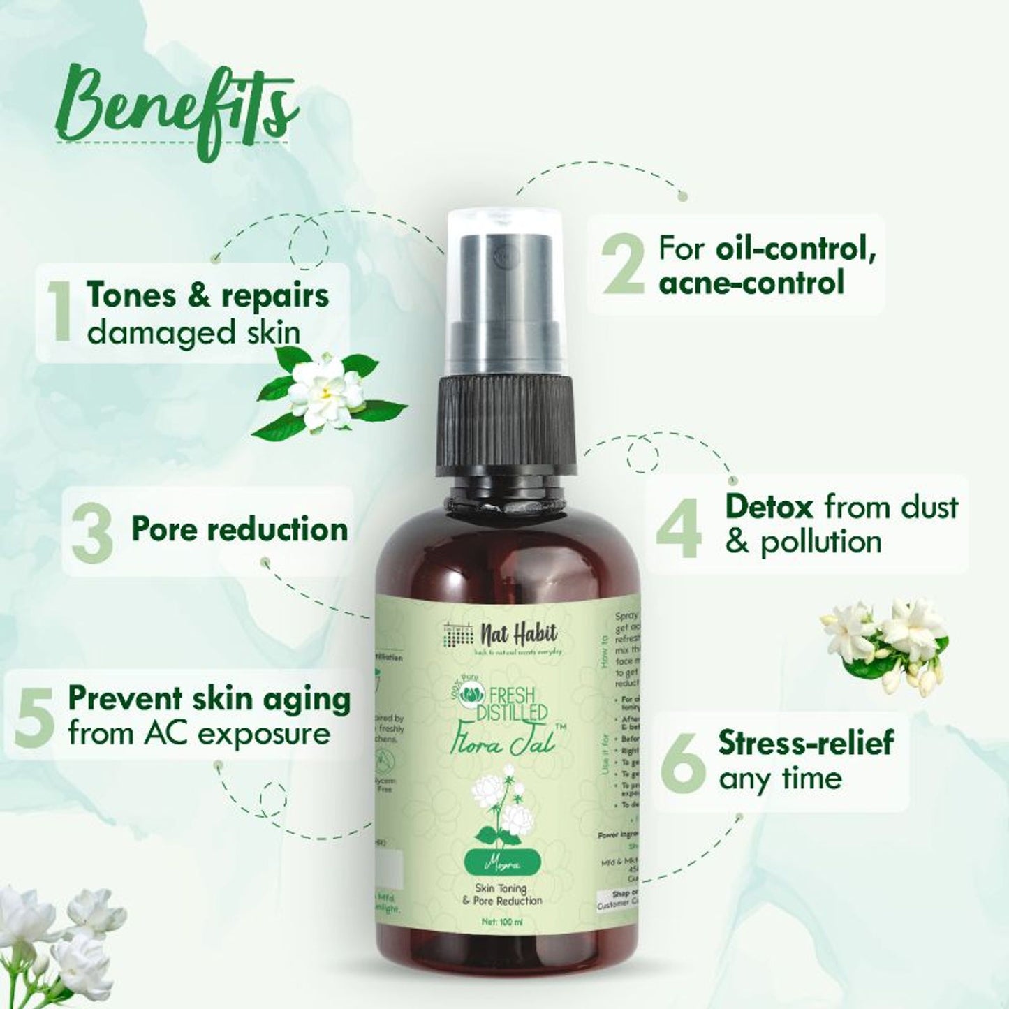 Nat Habit 100% Pure Mogra Jal, Jasmine Water, Toner & Face Mist for Oil Control, Acne & Hydration