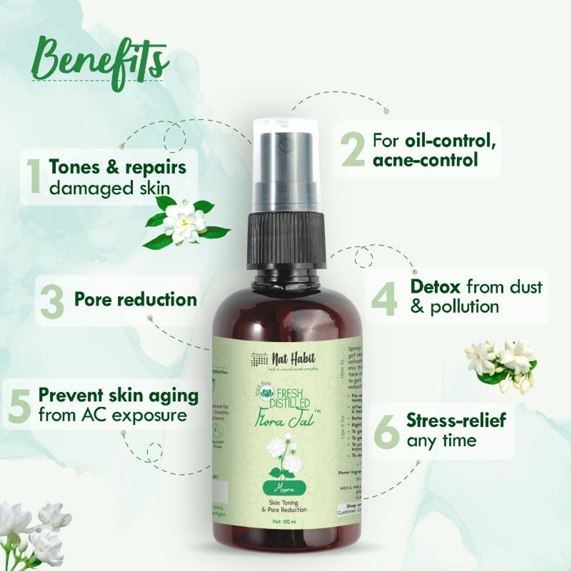 Nat Habit 100% Pure Mogra Jal, Jasmine Water, Toner & Face Mist for Oil Control, Acne & Hydration