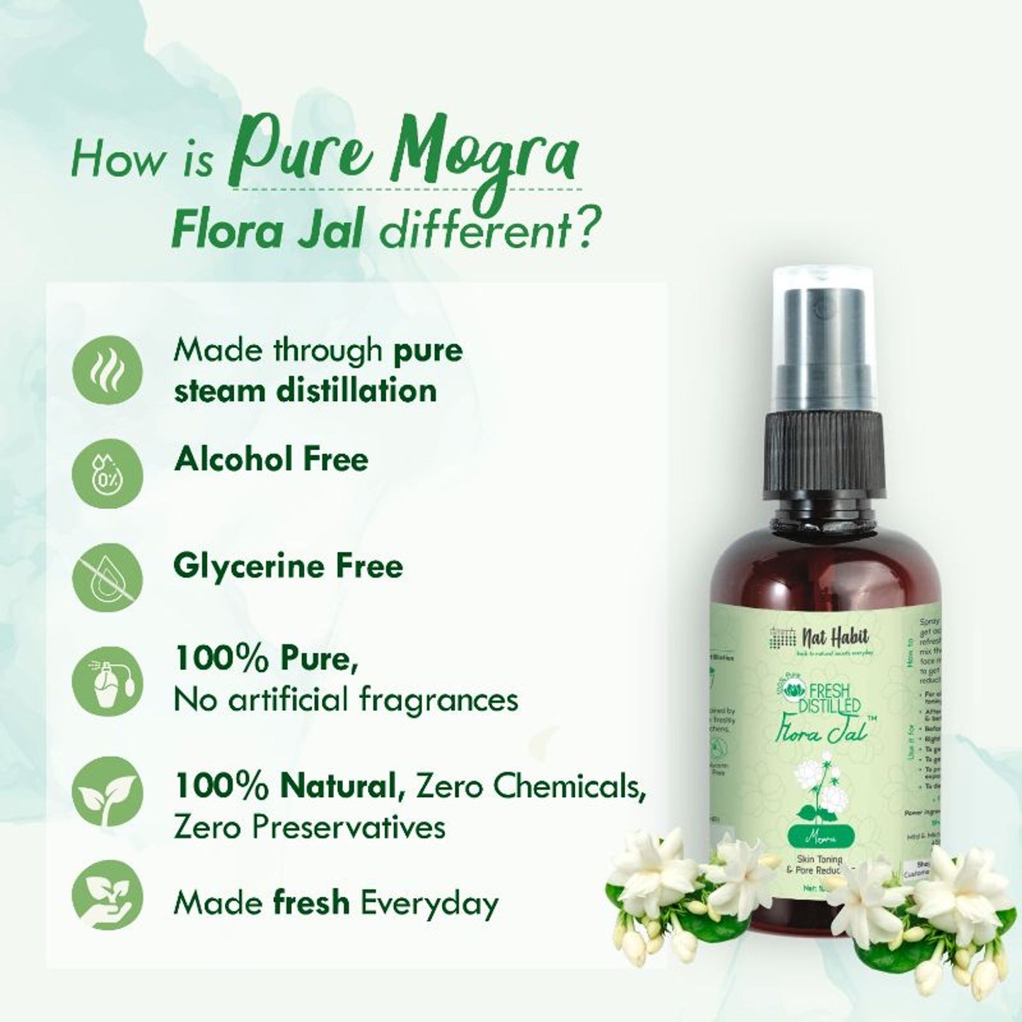 Nat Habit 100% Pure Mogra Jal, Jasmine Water, Toner & Face Mist for Oil Control, Acne & Hydration