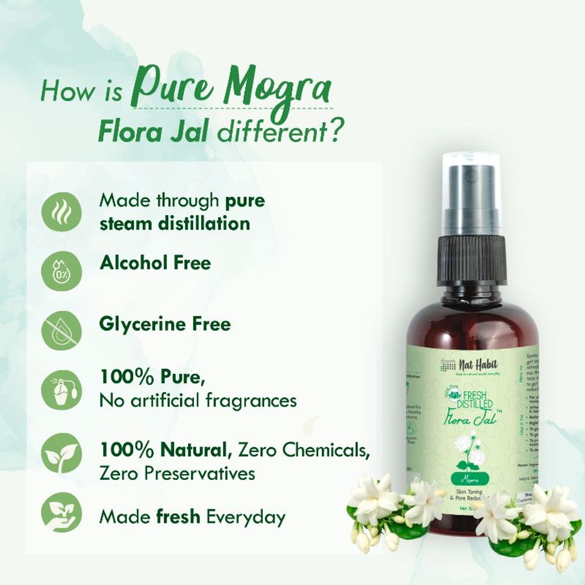 Nat Habit 100% Pure Mogra Jal, Jasmine Water, Toner & Face Mist for Oil Control, Acne & Hydration
