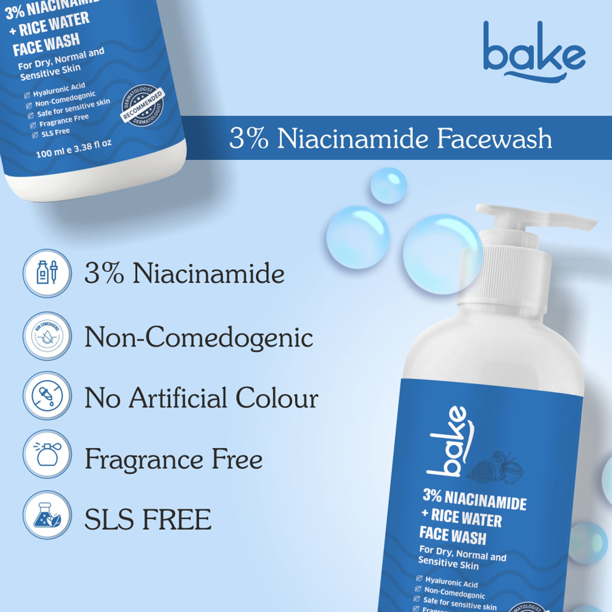 BAKE 3% Niacinamide Face Wash with Rice Water for Acne Marks, Scars & Dark Spots