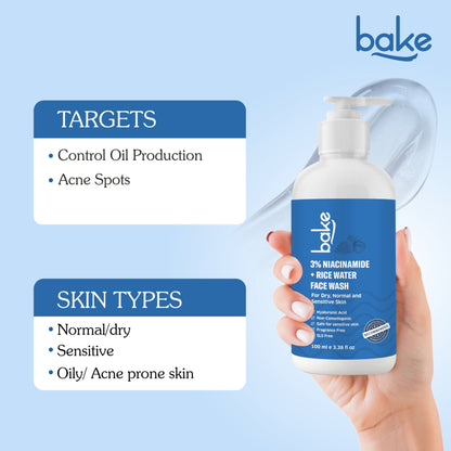 BAKE 3% Niacinamide Face Wash with Rice Water for Acne Marks, Scars & Dark Spots