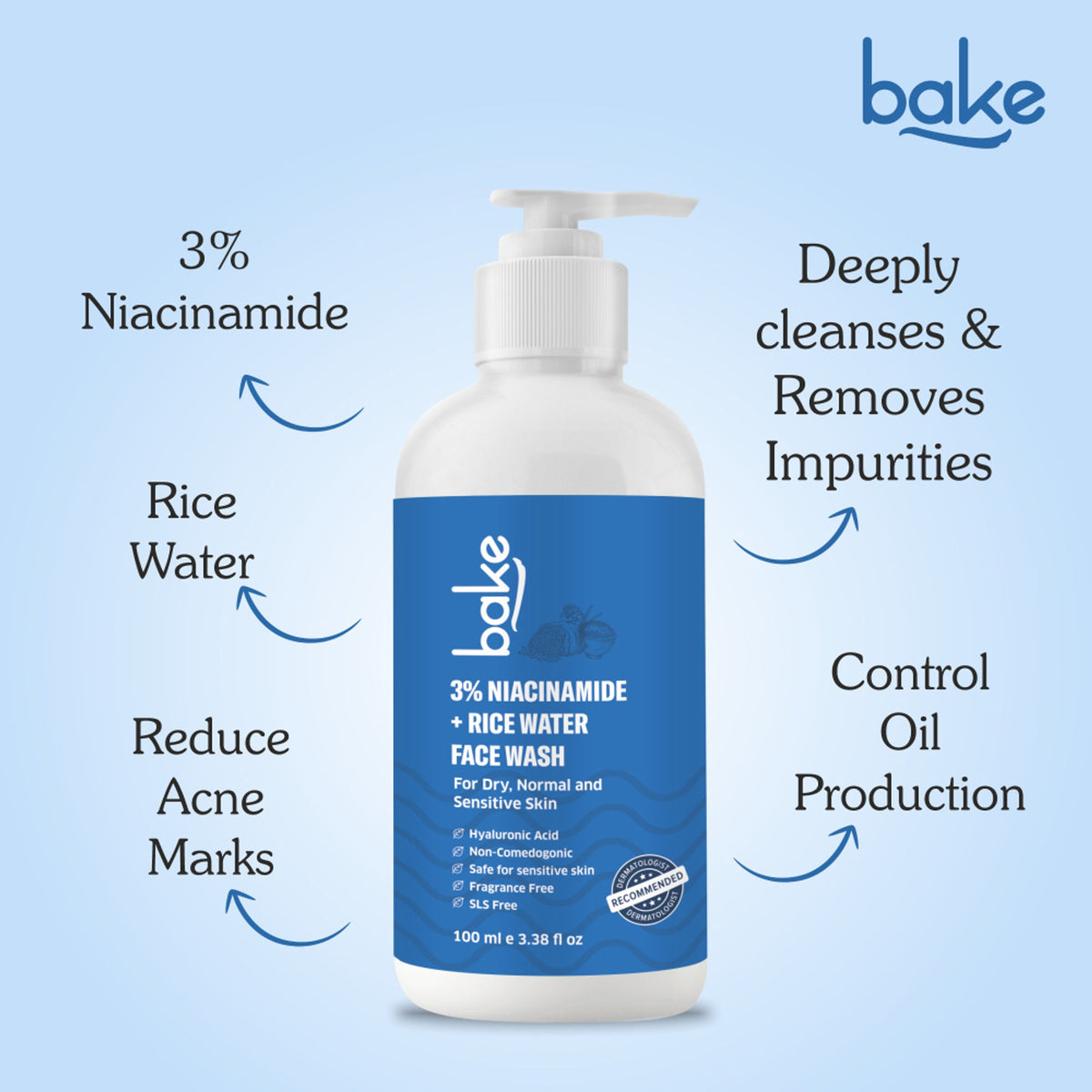 BAKE 3% Niacinamide Face Wash with Rice Water for Acne Marks, Scars & Dark Spots