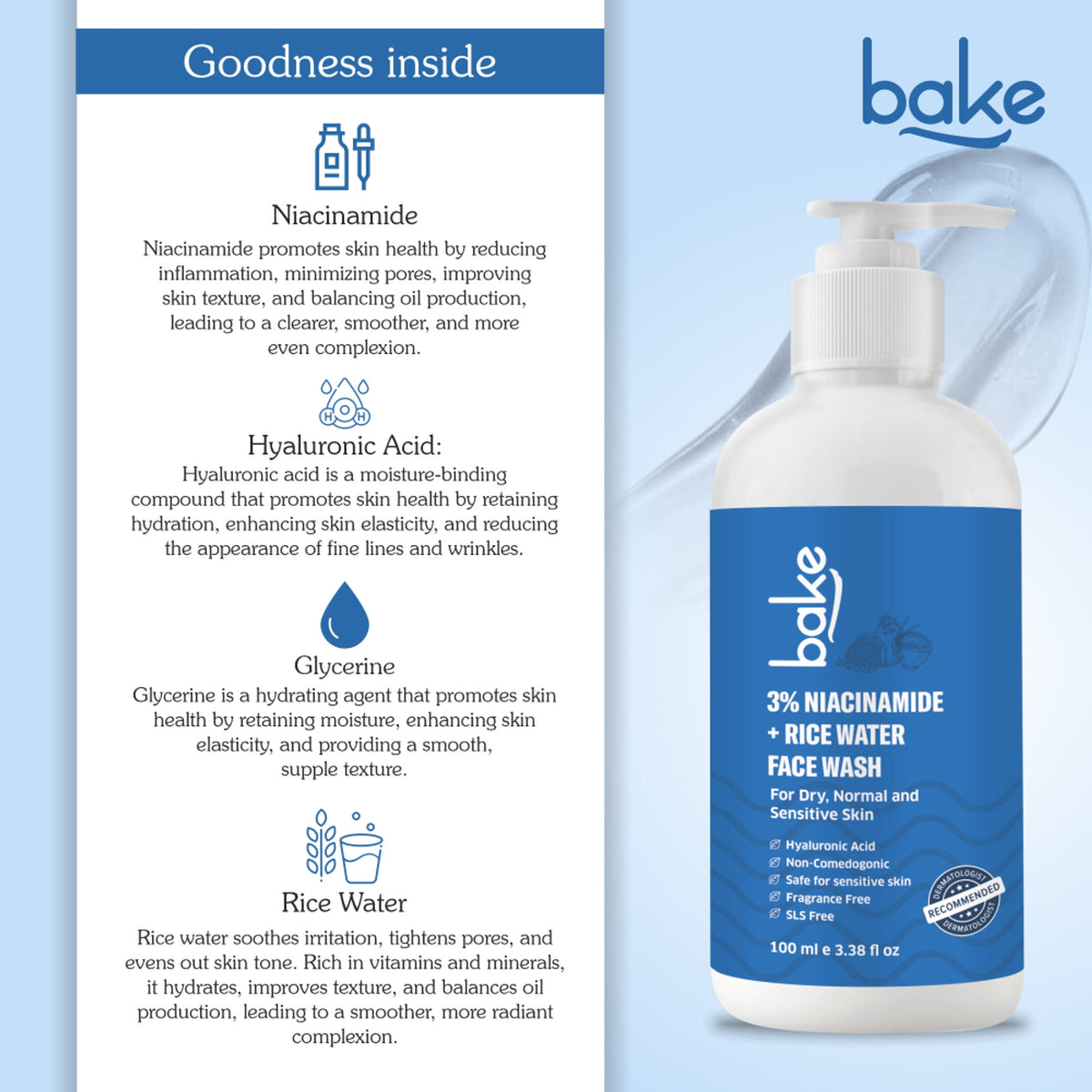 BAKE 3% Niacinamide Face Wash with Rice Water for Acne Marks, Scars & Dark Spots
