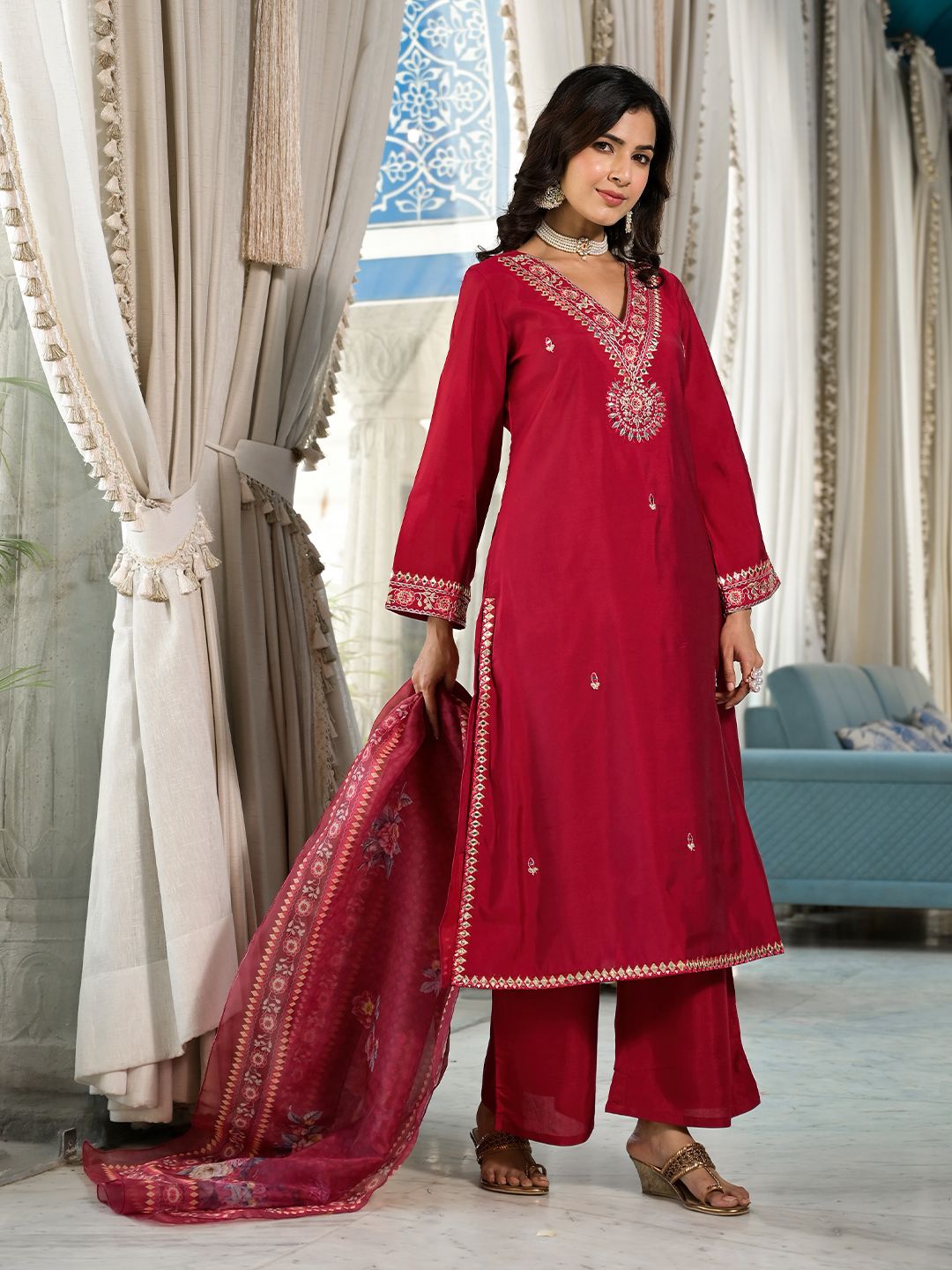 Indyancart VA Ethnic Motifs Zari Embroidered Mirror Work Straight Kurta With Trousers & Dupatta
