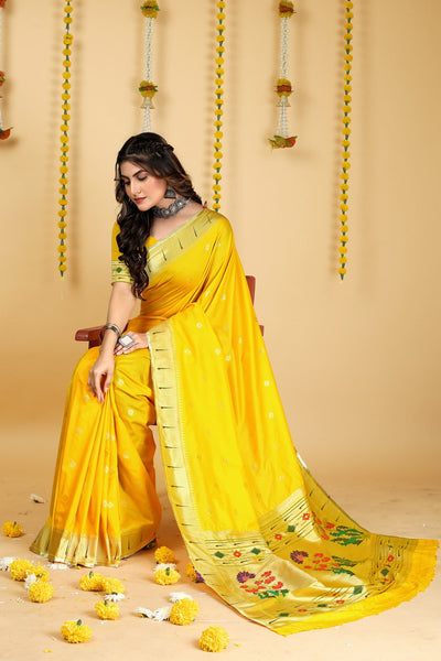Indyancart GR Women's Mastani 2 Yellow Zari Paithani Silk Saree