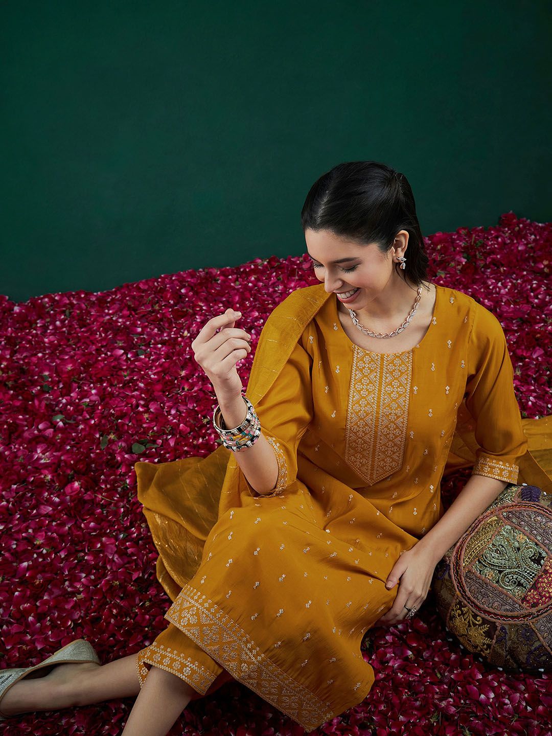 Indyancart IE Embroidered Regular Sequinned Chanderi Silk Kurta With Trousers & Dupatta