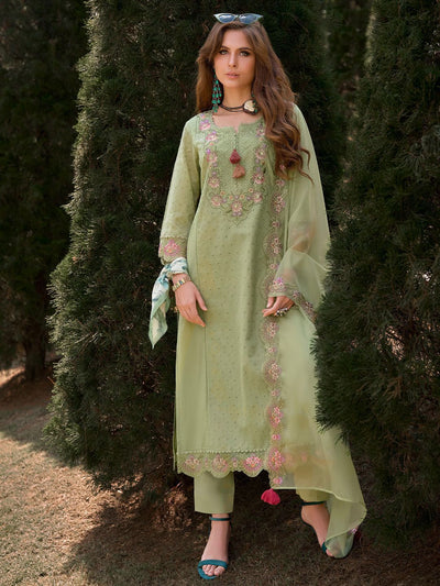 Indyancart IE Women Floral Embroidered Regular Sequinned Cotton Kurta with Trousers & Dupatta