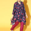 Indyancart VA Women's Navy Blue Floral Printed Kurta with Trousers