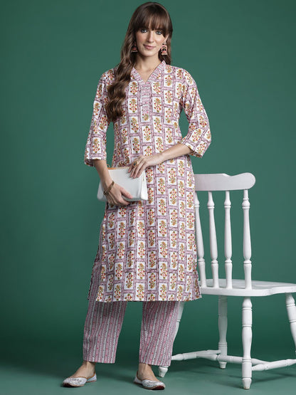 Indyancart IE Floral Printed Pure Cotton Kurta with Trousers