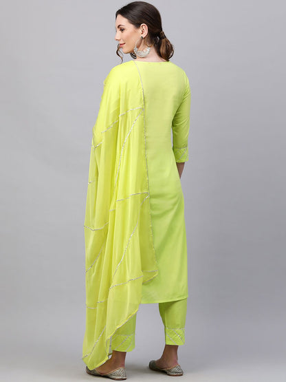 Indyancart IE Women Fluorescent Green Yoke Design Gotta Patti Pure Cotton Kurta with Palazzos & With Dupatta