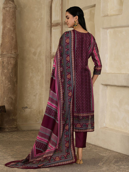 Indyancart SN Women's Floral Printed Round Neck Silk Blend Straight Kurta With Trousers & Dupatta
