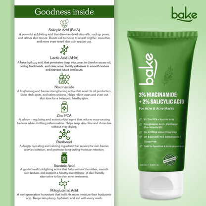 Bake 3% Niacinamide + 2% Salicylic Acid Face Wash For Acne & Acne Marks