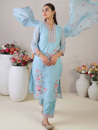 Indyancart IE Floral Embroidered V-Neck Thread Work Straight Kurta & Trousers & Dupatta