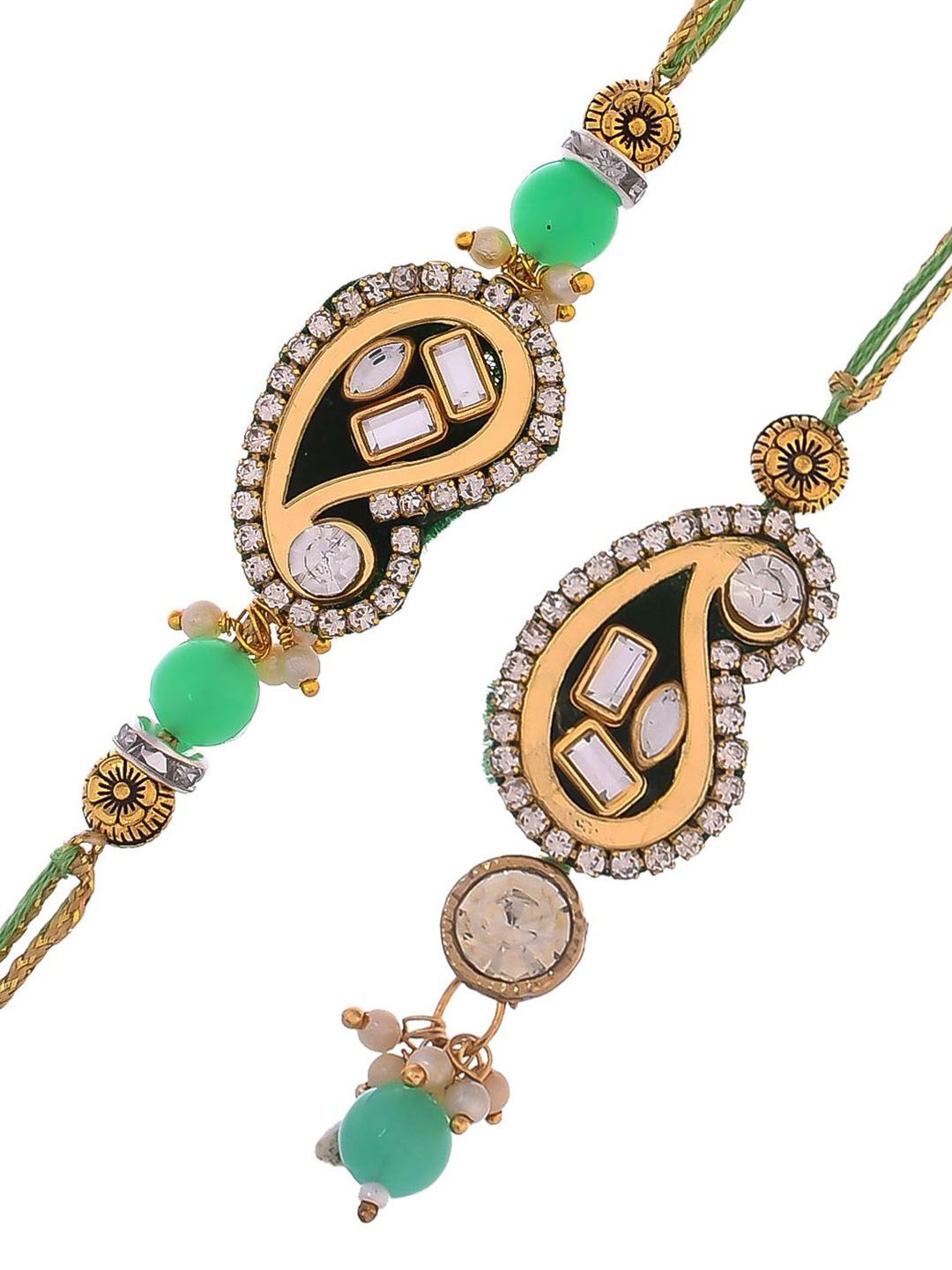 Anouk Green Kundan-Studded & Beaded Bhaiya Bhabhi Thread Rakhi