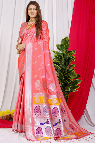 Indyancart GR Women's Chandramukhi Rose Pink Zari Paithani Silk Saree