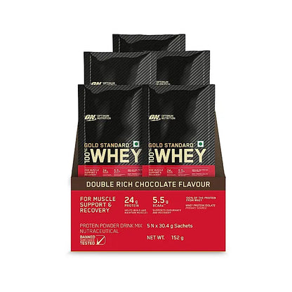 Optimum Nutrition Gold Standard 100% Whey Protein Powder in Double Rich Chocolate flavor, 152g health drink container.