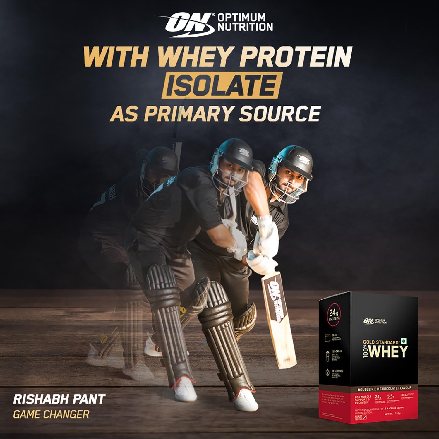 Optimum Nutrition Gold Standard 100% Whey Protein Powder in Double Rich Chocolate flavor, 152g jar, health supplement drink.