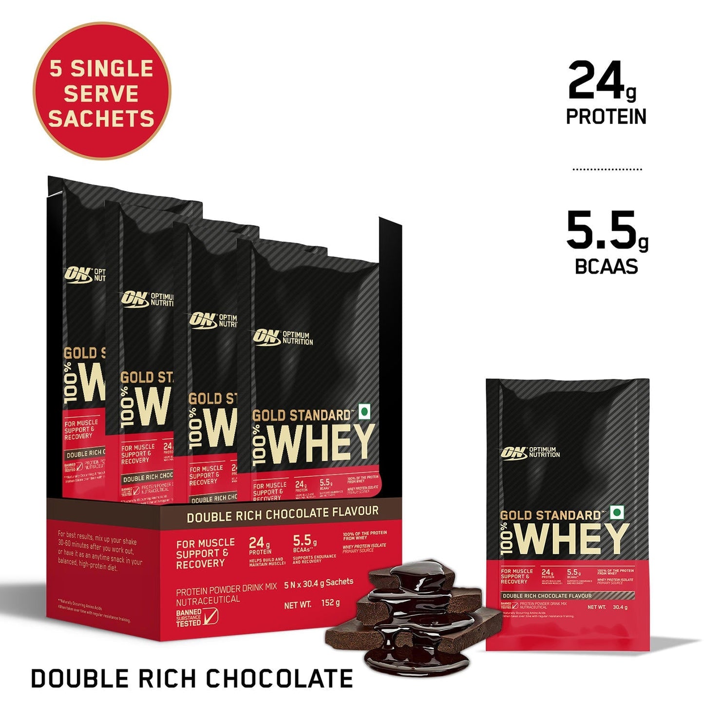 Optimum Nutrition Gold Standard 100% Whey Protein Powder in Double Rich Chocolate flavor, 152g health drink container.
