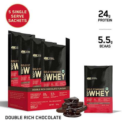 Optimum Nutrition Gold Standard 100% Whey Protein Powder in Double Rich Chocolate flavor, 152g health drink container.