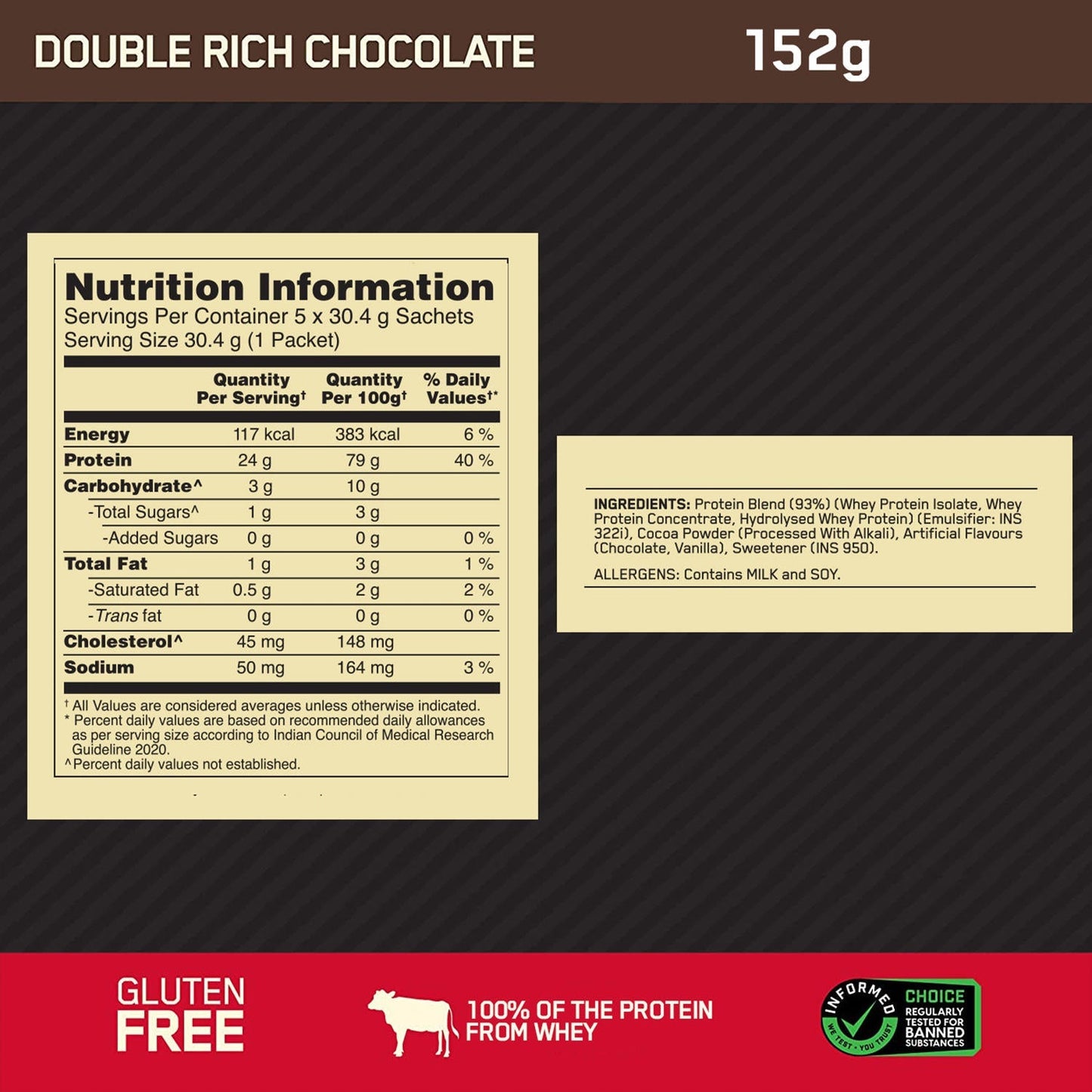 Optimum Nutrition Gold Standard 100% Whey Protein Powder in Double Rich Chocolate flavor, 152g jar, health drink supplement.