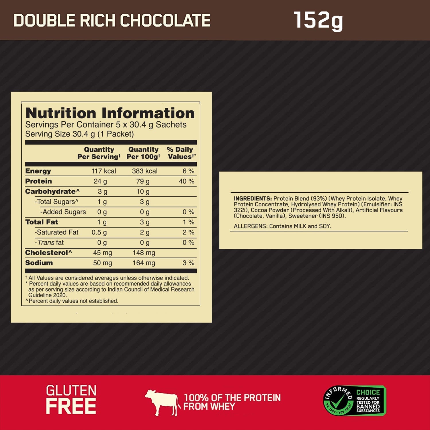 Optimum Nutrition Gold Standard 100% Whey Protein Powder in Double Rich Chocolate flavor, 152g jar, health drink supplement.