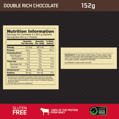 Optimum Nutrition Gold Standard 100% Whey Protein Powder in Double Rich Chocolate flavor, 152g jar, health drink supplement.