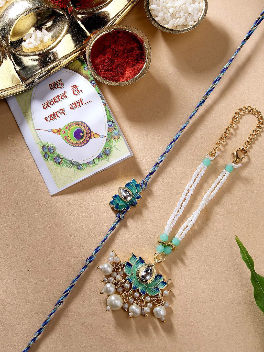 Anouk Unisex Set Of 2 Turquoise Blue Lotus Shape Kundan-Studded Handcrafted Rakhi Set