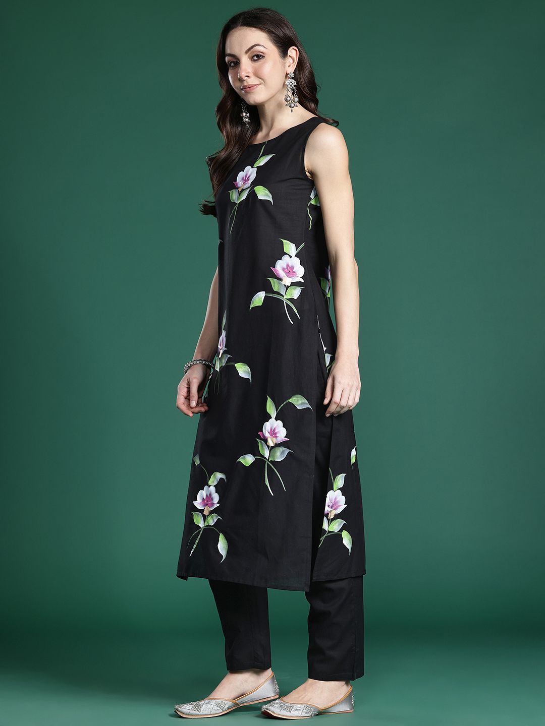 Indyancart IE Floral Printed Pure Cotton Kurta With Trousers & Dupatta