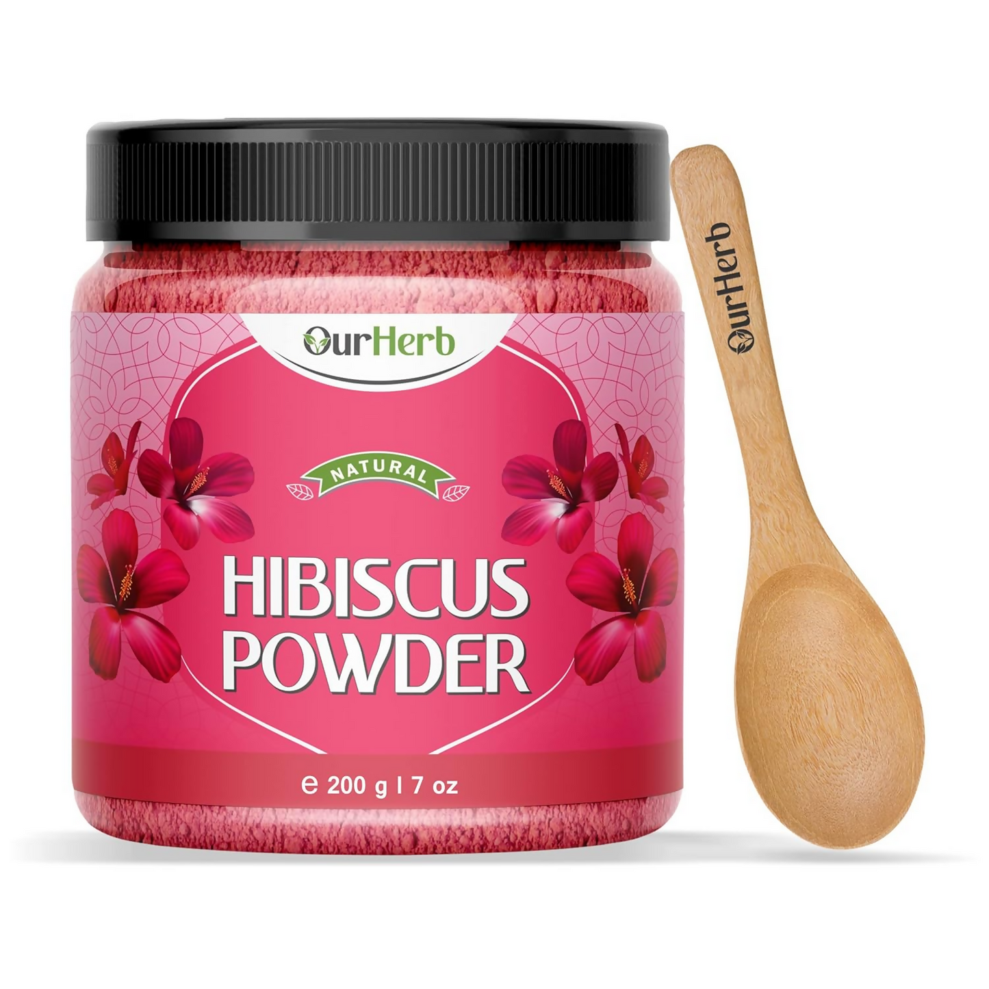 OurHerb Hibiscus Flower Powder face pack and hair mask for all hair types, showcasing vibrant hibiscus petals in a natural setting.