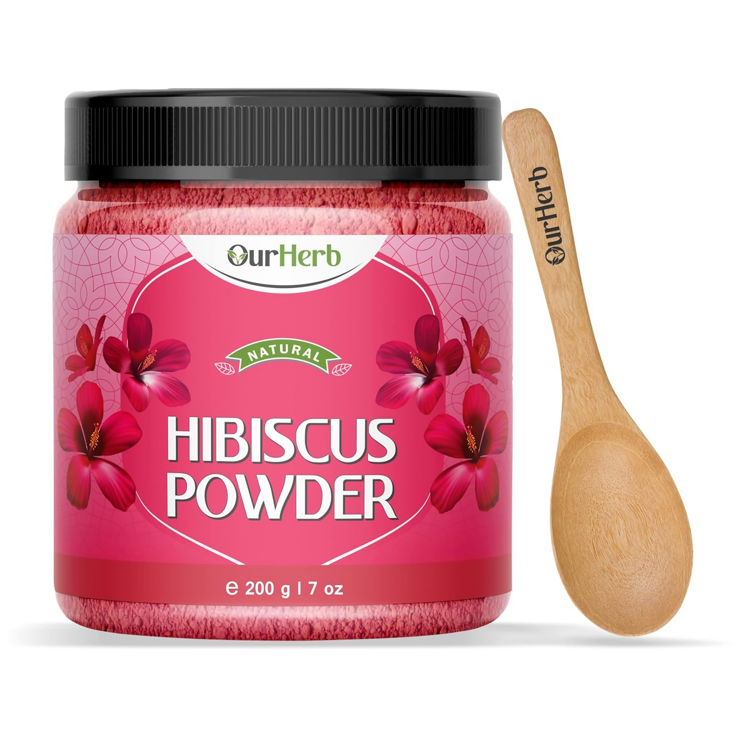 OurHerb Hibiscus Flower Powder face pack and hair mask for all hair types, showcasing vibrant hibiscus petals in a natural setting.
