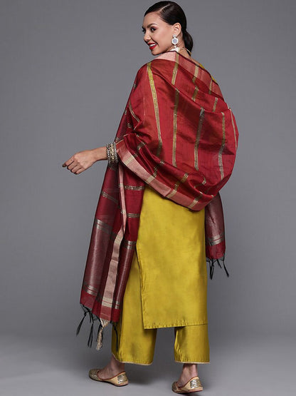 Indyancart IE Mustard Yellow & Maroon Yoke Design Liva Kurta with Trousers & Dupatta