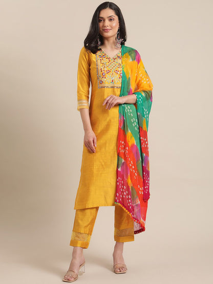 Indyancart VA Women's Mustard Yellow Floral Embroidered Empire Thread Work Kurta with Trousers & With Dupatta