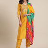 Indyancart VA Women's Mustard Yellow Floral Embroidered Empire Thread Work Kurta with Trousers & With Dupatta